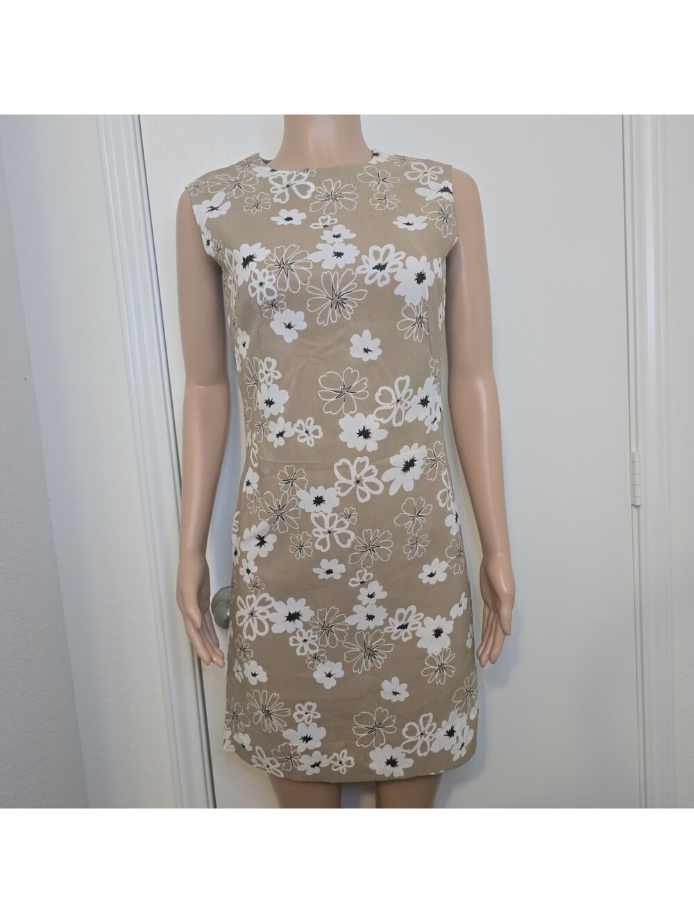 VTG 60s Style Mod Handmade Sleeveless Tan Floral Retro Mini Dress Approx. Small